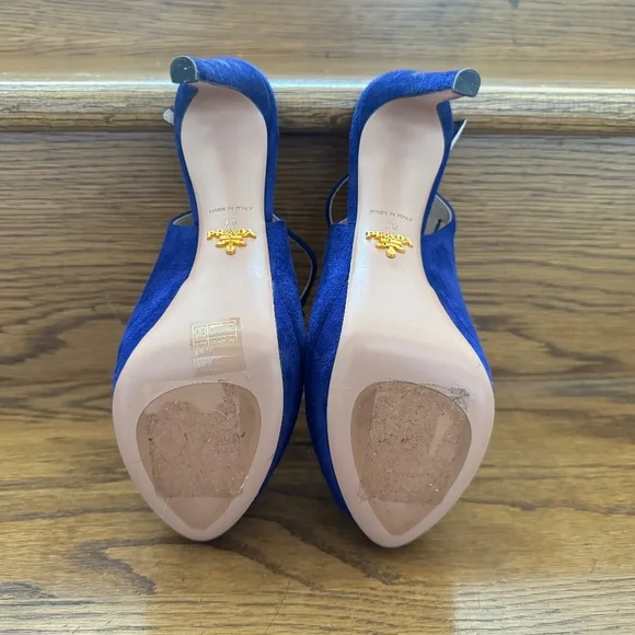 PRADA Camoscio Blue Suede Cutout Slingback Heels Shoes NEW 39
